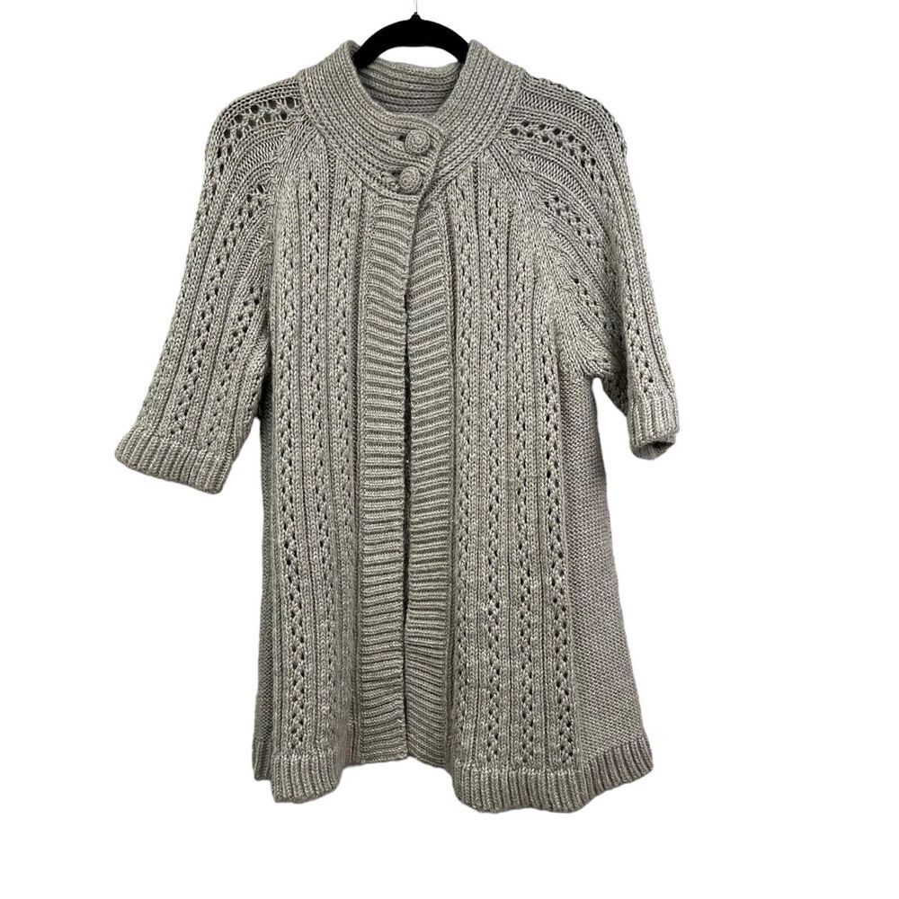 Chico's Womens Alpaca‎ Blend Cardigan Sweater Crochet Knit Open 2 Button Beige 2